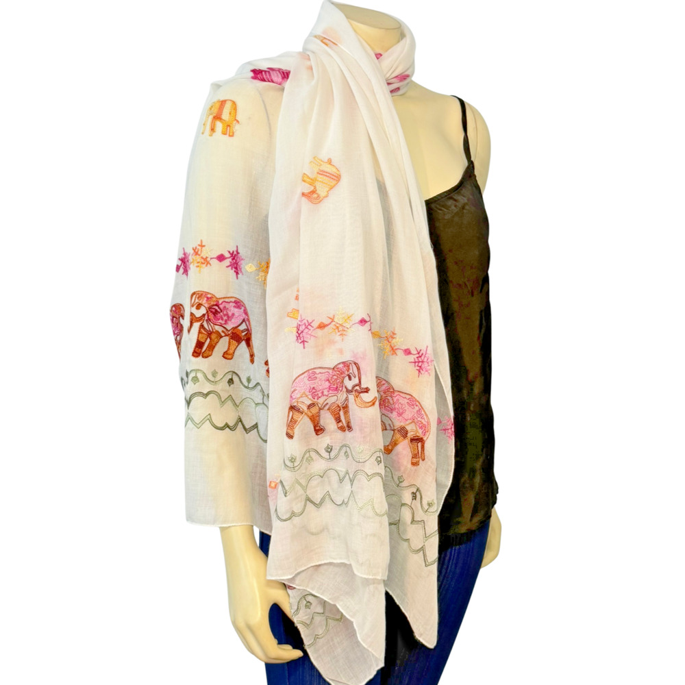 White Rectangle Scarf Multicolor Embroidered Elephants 72x32 Boho Global Style